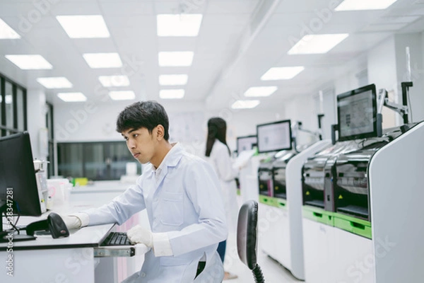 Fototapeta young male scientist looking results  from automation blood analyzer report in computer and young female scientist working with automation blood analyzer at  medical laboratory