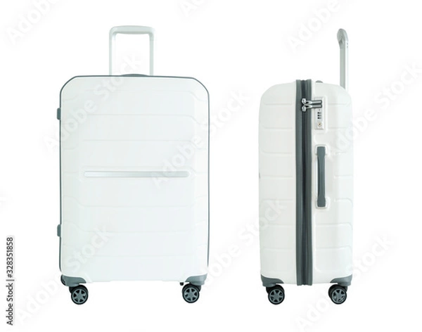 Fototapeta White suitcase isolated on white background. Polycarbonate suitcase isolated on white. White suitcase	
