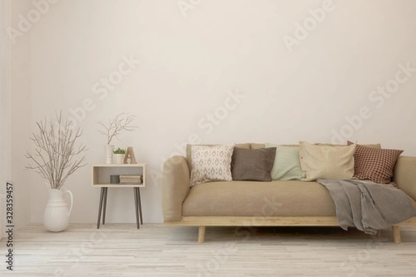 Obraz Modern living room in white color with sofa. Scandinavian interior design. 3D illustration