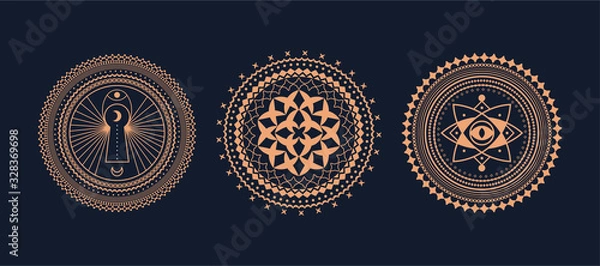 Obraz Koło ozdoby geometryczne i mandala. Abstrakcyjne znaki okultystyczne i mistyczne. Geometryczny symbol alchemii z księżycem.