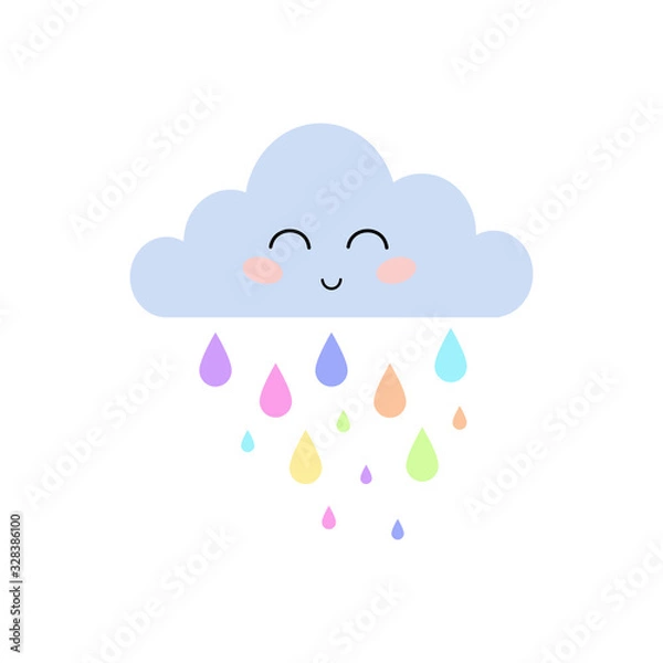Fototapeta Cute cartoon face cloud with colorful rain drops. Vector illustration