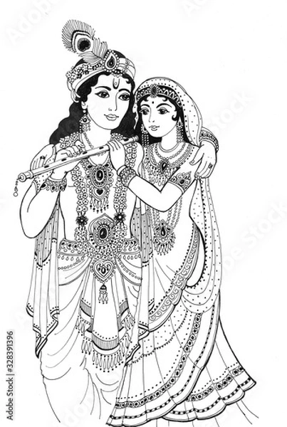 Fototapeta God Krishna and his beloved Radha stand gently embracing, with a flute in their hands. Sketch black line on a white background