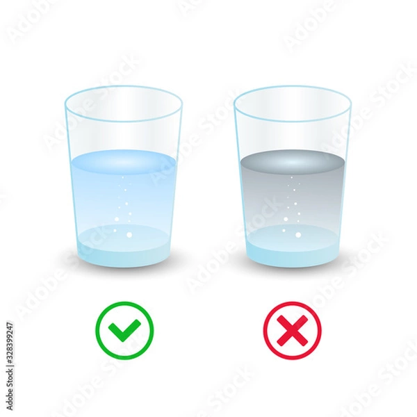 Fototapeta Right and incorrect choice between Glass of water with clean and dirty water. Isolated on white background Yes No Vector