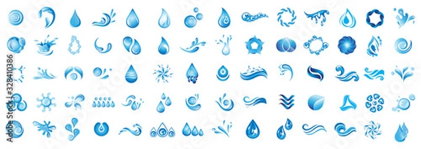 Fototapeta Water Splash Vector And Drop Logo Set - Isolated On White Background. Vector Collection Of Flat Water Splash and Drop Logo. Icons For Droplet, Wave, Rain, Raindrop, Company Logo And Bubble Design