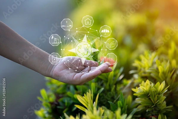 Fototapeta Technology, hand holding with environment Icons over the Network connection on green background.