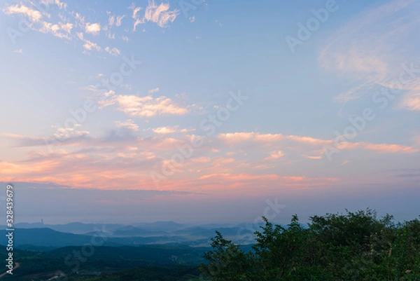 Obraz Composition of beautiful sky background, forest and sunset.
