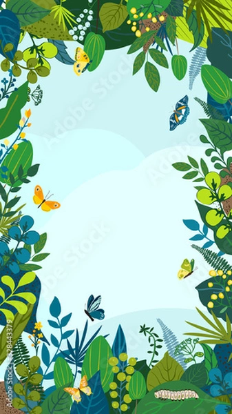 Obraz Beautiful floral background, frame. Green leaves, colorful flowers, caterpillar and butterflies. Spring and summer card for social network backdrop, invitation, wedding, birthday. Vector illustration.
