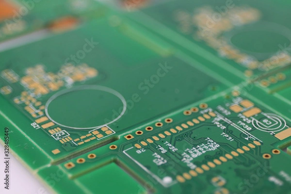 Fototapeta Multiplied printed circuit boards PCB isolated on the white background. PCB assembly. Close-up view