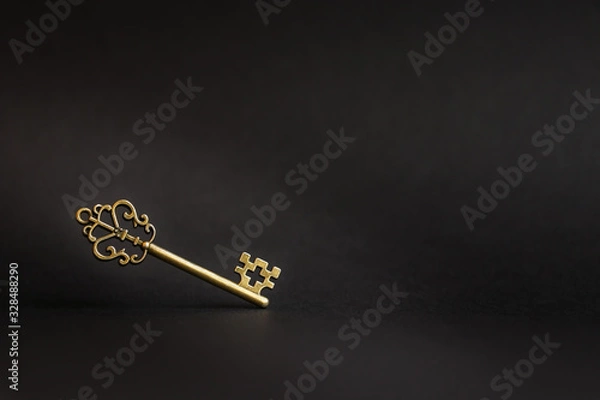 Fototapeta Golden vintage key on a black background highlighted with light horizontal photo