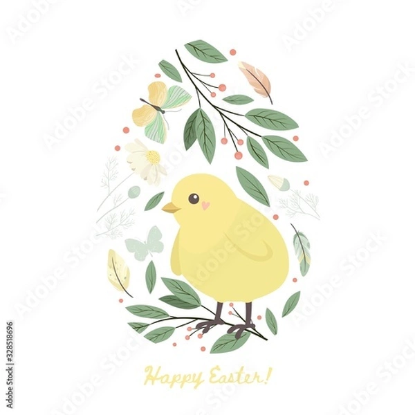 Obraz Happy easter design element. Egg with chick and flower, leaves, butterfly. Vector set