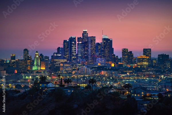 Obraz Los Angeles downtown silhouette at sunset. LAX most famous city of california. Typical view of the Los Angeles.