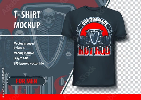 Fototapeta T-shirt mock-up template with Custom Made Hot Rod logo. Editable vector layout.
