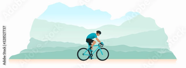 Fototapeta A Young man in helmet is cycling a bicycle. Sports activity. Athlete is riding a bike on a sunny day. Vector flat style illustration 