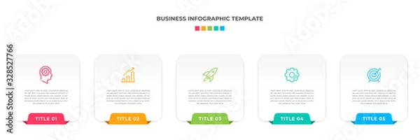 Fototapeta Modern Minimalist Business Infographic template square shape. 5 steps / option timeline with icons. For presentation, process, diagram, workflow, chart, web. Vector with red, blue, green, orange color