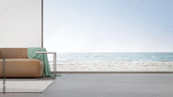 Fototapeta Sofa on concrete floor of large living room in modern house or luxury hotel. Minimal home interior 3d rendering with beach and sea view.