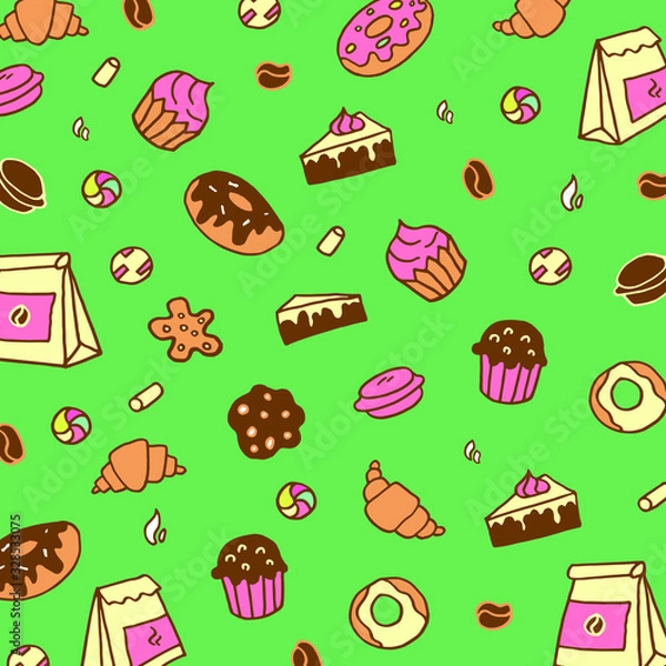 Fototapeta Doodle green background with cookies, marshmallows, candy canes, macaroons, craft bags, donuts, cheesecakes, muffin, cupcakes and croissant.