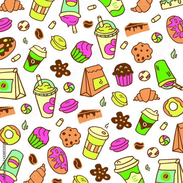 Fototapeta Doodle white background with coffee cups, coffee beans, donut, marshmallows, craft bags, baking for coffee, candy canes and macaroons.