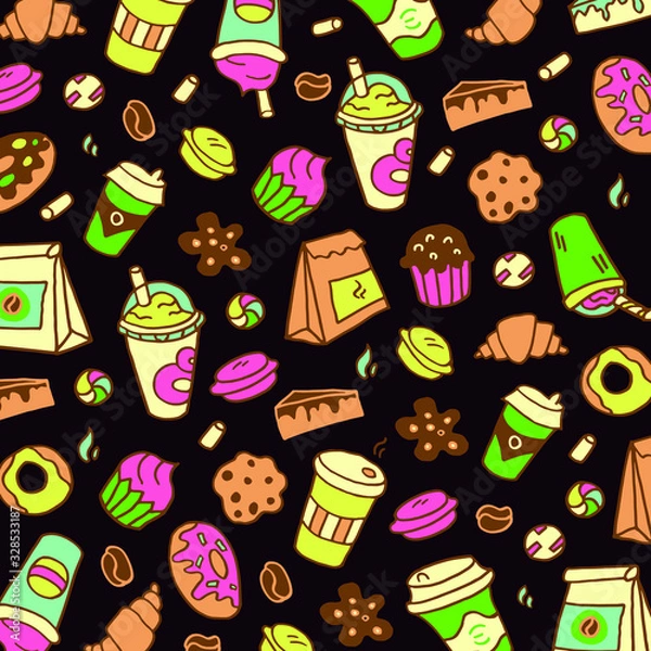 Obraz Doodle brown background with coffee cups, craft bags, coffee beans, baking for coffee, marshmallows, candy canes and macaroons