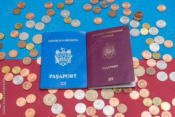 Fototapeta Dual citizenship concept. The Romanian and Moldovan passport. Coloseup of Romanian and Moldovan passport. Multiple citizenships, dual citizenship, multiple nationalities or dual nationality concept