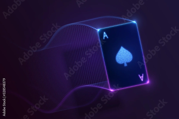 Fototapeta Ace of spades flying, glowing neon card with lights. Vector design