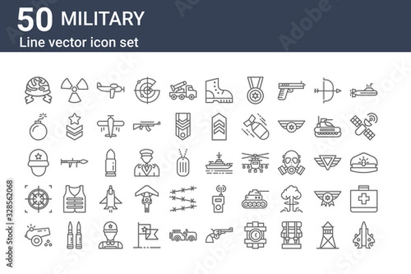 Fototapeta set of 50 military icons. outline thin line icons such as jet, canon, crosshair, soldier, bomb, nuclear, battleship