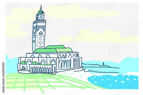 Fototapeta Vector urban sketch of ancient mosque. Morocco travel. Hand drawn vector illustration. Casablanca