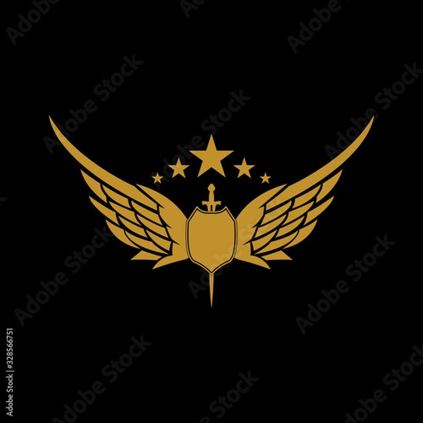 Obraz Gold winged sword with shield vector icon.