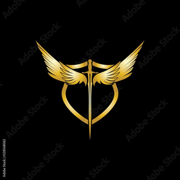 Obraz Gold winged sword with shield vector icon.