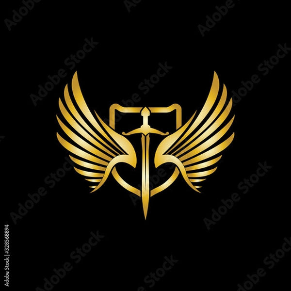 Obraz Gold winged sword with shield vector icon.