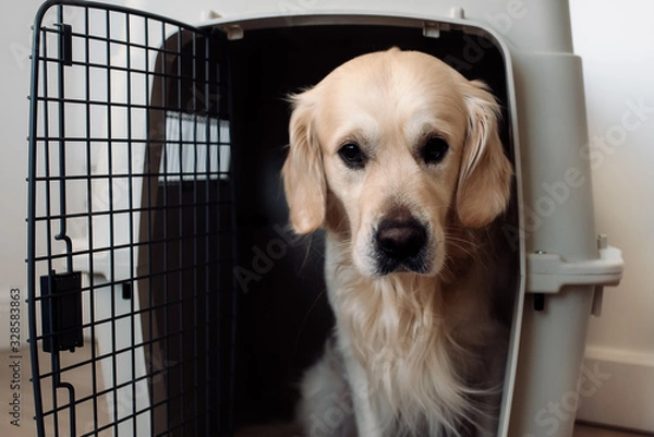 Obraz Large dog golden retriever in the airline cargo pet carrier waiting at the airport