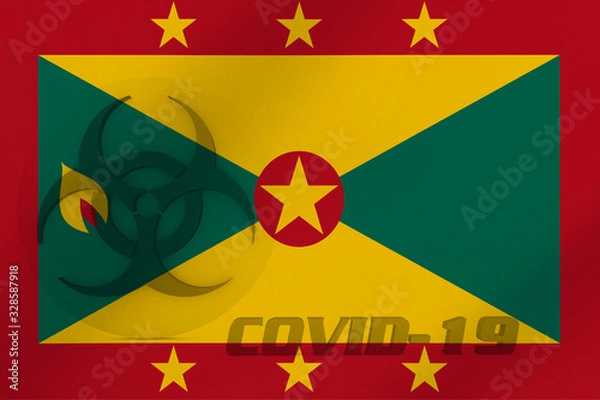 Fototapeta 3D ILLUSTRATION VIRUS, BIOHAZARD SYMBOL CORONAVIRUS WITH Grenada FLAG, Flu coronavirus floating, micro view, pandemic virus infection, asian flu.