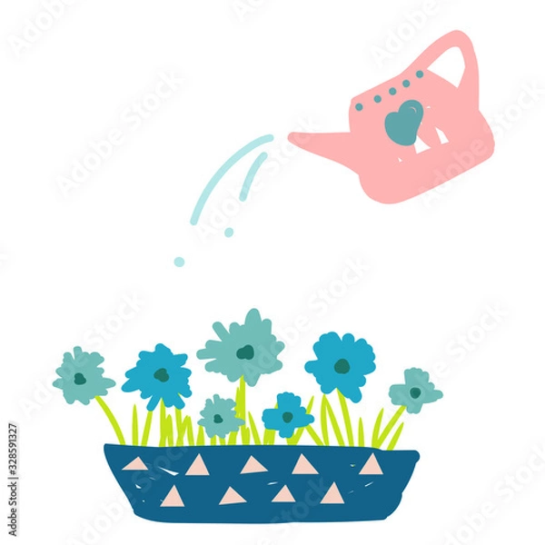 Obraz Watering flowers in a pot from a can cartoon illustration.