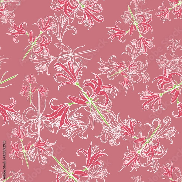 Fototapeta Pattern with wild pink lily and white outline pink background. Stock vector illustration for design and decor