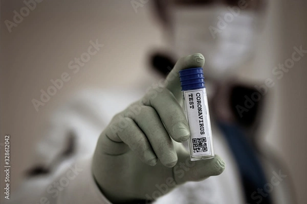 Fototapeta Corona Virus in Lab. New Epidemic Coronavirus 2019 nCoV, fear of a coronavirus pandemic, doctor with a breathing medical respiratory mask and a test tube with self-generated CR code: Corana Test 