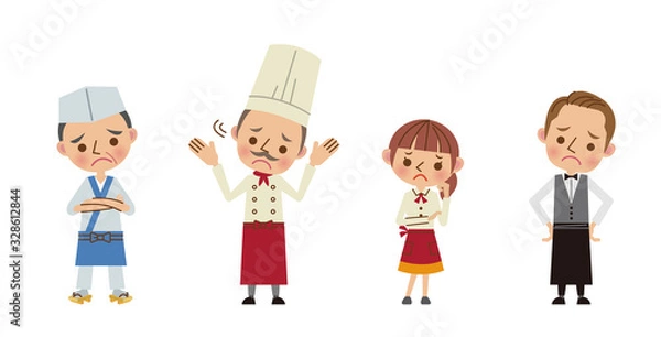 Obraz 飲食店で働く人々4人（板前・コック・ウェイトレス・ウェイター）困った表情