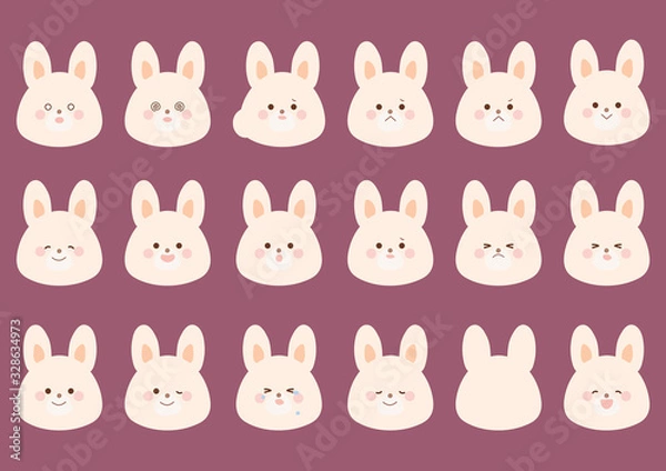 Fototapeta うさぎのイラスト　表情のセット　白色　線なし