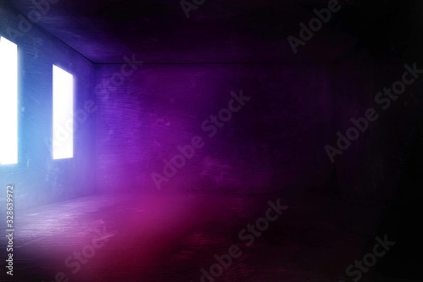 Fototapeta dark room with spotlight windows on a concentrate floor. with ultraviolet color filter 