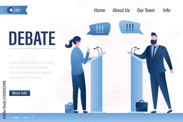 Fototapeta Debate before vote landing page template. Leaders of opposing political parties talking on public debates.