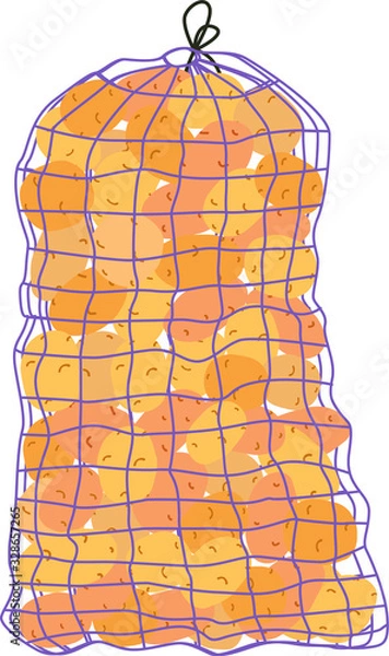 Fototapeta Mesh bag full of potatoes  isolated on white background.  Vector illustration in flat cartoon style.