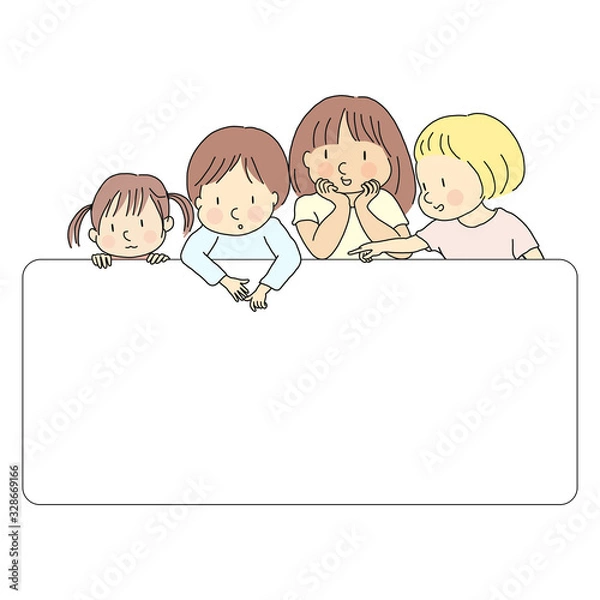 Obraz Vector illustration of four little kids, boy & girls, pointing and looking at  blank template for presentation, brochure or banner. Education and learning concept. Cartoon character drawing style.
