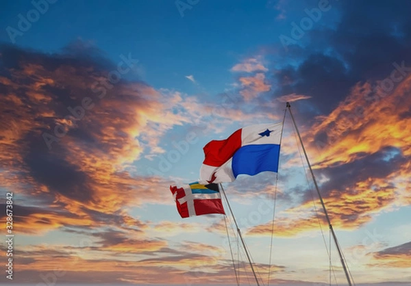 Fototapeta Two flags from Panama on a boat's flagpoles