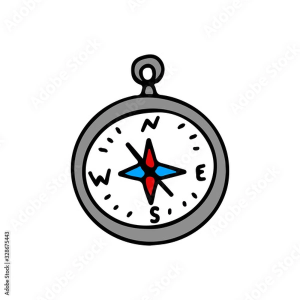 Fototapeta Compass in cartoon style on an isolated white background. Travel navigation tool. Stock vector illustration