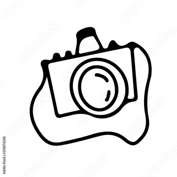 Fototapeta Doodle style camera on an isolated white background. Technique for travel, camping photos. Stock vector illustratio