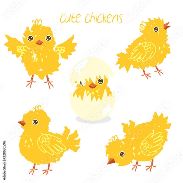 Fototapeta Set with yellow chickens isolate on a white background. Vector graphics.