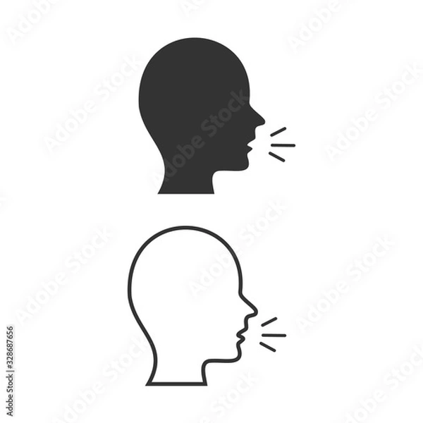 Fototapeta Speaking icons. Talk or talking person sign, man with open mouth, speech icon for interview, interact and talks controls, vector illustration.