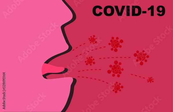 Obraz KONCEPCJA COVID-19. Wirus koronowy przenoszony przez ślinę. Choroba rozprzestrzeniła się z kaszlu. Na czerwonym tle.