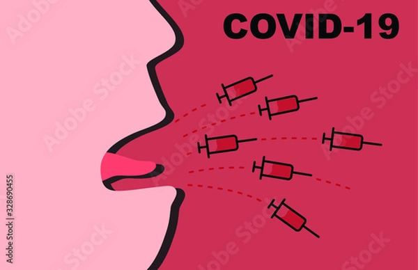 Fototapeta COVID-19 CONCEPT. Corona Virus spread by saliva or droplets. Syringe represent a disease spread out from cough. On red background.