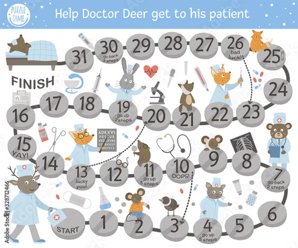 Fototapeta Medical adventure board game for children with cute characters. Educational medicine boardgame. Go through the hospital activity. Help doctor deer get to his patient..