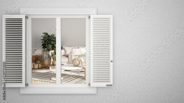 Fototapeta Exterior plaster wall with white window with shutters, showing interior vintage living room, blank background with copy space, architecture design concept idea, mockup template