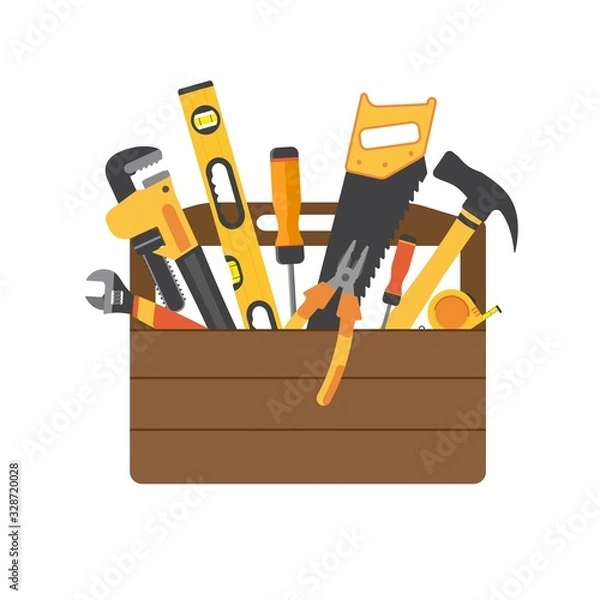Obraz Toolbox with instruments inside. Workman's toolkit. Tool chest with hand tools. Workbox in flat style. Vector illustration